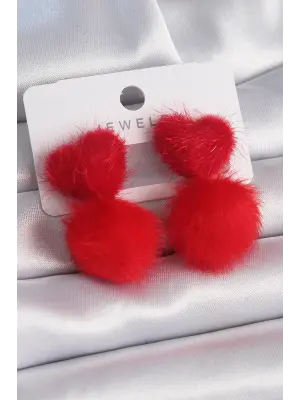 Kırmızı Tüylü Kalp Ponpon Model Çelik Küpe
