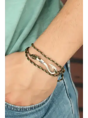 Krem Çizgi Desenli Metal Kancalı Erkek Bileklik