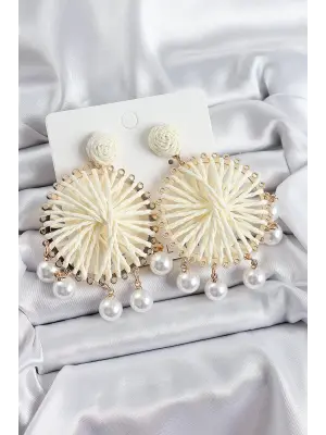 Krem Hasır Örgü Sarmal Model Sallantılı İnci Detaylı Gold Renk Kadın Küpe