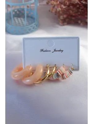 Krem Rengi Boncuk Halka Model Kadın Küpe Seti