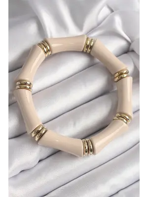 Krem Renk Akrilik Lastikli Bambu Model Kadın Bileklik