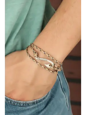 Krem Renk Çizgi Desenli Metal Kancalı Erkek Bileklik