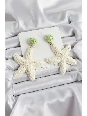 Krem Ve Yeşil Deniz Yıldızı Figürlü Hasır Örgü Model Gold Renk Kadın Küpe