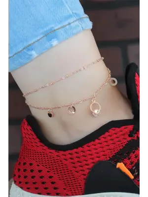 Kristal Taşlı Halkalı Rose Renk Çift Zincirli Hal Hal