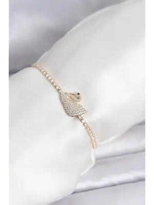 Kuğu Model Zirkon Taşlı Gold Renk Asansörlü Su Yolu Bileklik