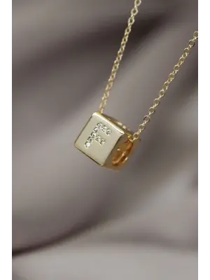 Küp Model Gold Renk Zirkon Taşlı F Harfli Kolye