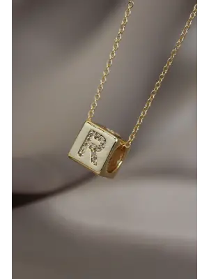 Küp Model Gold Renk Zirkon Taşlı R Harfli Kolye