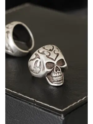 Kuru Kafa Tasarımlı Eskitme Gümüş Desenli Ayarlamalı Model Erkek Yüzük