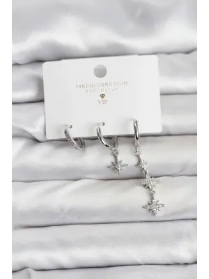 Kutup Yıldızı Model Gümüş Renk Pirinç 3lü Kadın Küpe Seti