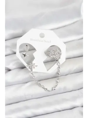 Kutup Yıldızı Model Çelik Gümüş Renk Zincir Bağlantılı Ear Cuff Küpe Seti