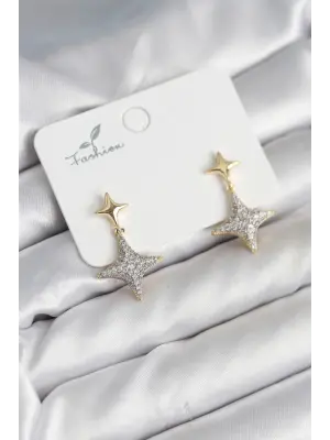 Kutup Yıldızı Pirinç Gold Renk Zirkon Taşlı Kadın Küpe