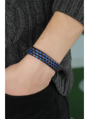 Lacivert Damalı Deri Erkek Bileklik