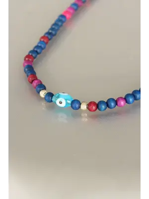 Lacivert Renk Tahta Boncuklu Kadın Kolye