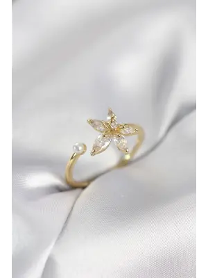 Lotus Model Zirkon Taşlı Gold Renk Kadın Yüzük