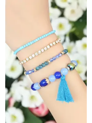 Mavi Boncuklu ve Püsküllü Bayan Çoklu Bileklik