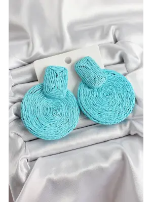 Mavi Daire Figürlü Hasır Örgü Model Gold Renk Kadın Küpe