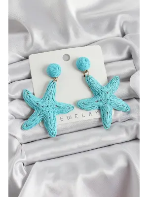 Mavi Deniz Yıldızı Figürlü Hasır Örgü Model Gold Renk Kadın Küpe