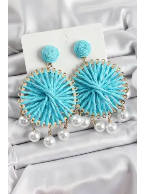 Mavi Hasır Örgü Sarmal Model Sallantılı İnci Detaylı Gold Renk Kadın Küpe