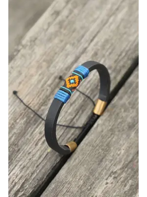 Mavi İpli Etnik Desenli Kadın Deri Bileklik