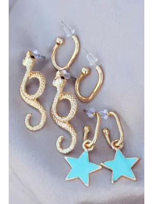 Mavi Mineli Yıldız Detaylı Yılan Tasarımlı Küpe Seti