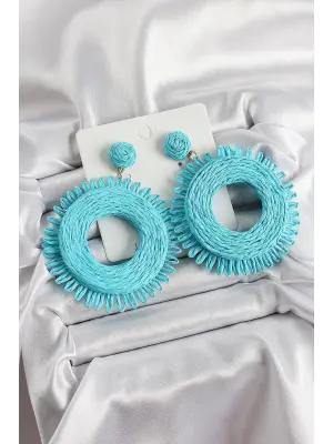 Mavi Püsküllü Halka Figürlü Hasır Örgü Model Gold Renk Kadın Küpe