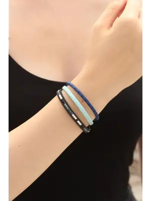 Mavi Renk Desenli Tasarımlı Taşlı Lacivert Örgü Model Kadın Deri Bileklik