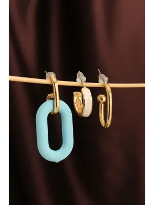 Mavi Renk Uzun Oval Halka Küpe Seti