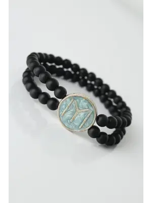 Mavi Renkli Metal Üzerine Kayı Boyu Figürlü Siyah Renk Çift Sıra Doğal Taş Erkek Bileklik