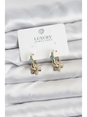 Mavi Taş Detaylı Çelik Gold Renk Kadın Göçmen Küpesi