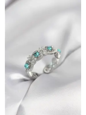 Mavi Taşlı Gümüş Renk Vintage Kadın Yüzük