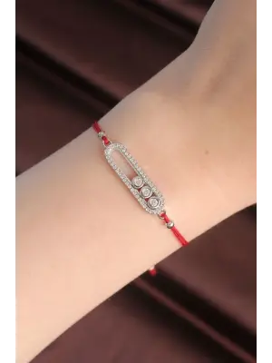 Messika Model Gümüş Renk Zirkon Taş Tasarımlı Kırmızı İp Asansörlü Bileklik