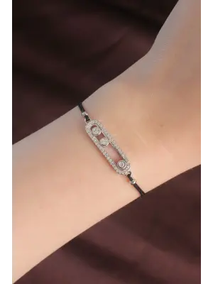 Messika Model Gümüş Renk Zirkon Taş Tasarımlı Siyah İp Asansörlü Bileklik