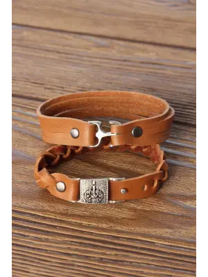 Metal Aksesuarlı Kahverengi Deri Erkek Bileklik Kombin