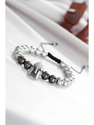 Mıhlama Taş Tasarımlı Miğfer Gümüş Renk Çelik Boncuk Erkek Bileklik