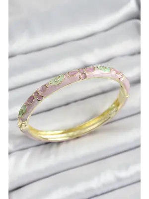 Mineli Gold Renk Pirinç Pembe Çiçek Desenli Kadın Kelepçe