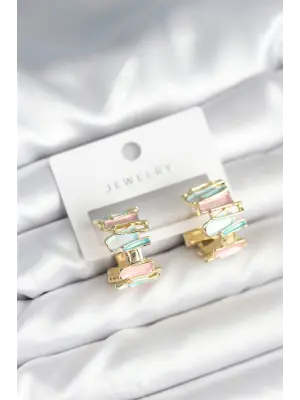 Mineli Karışık Renkli Gold Kadın Küpe