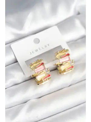 Mineli Karışık Renkli Gold Pirinç Kadın Küpe