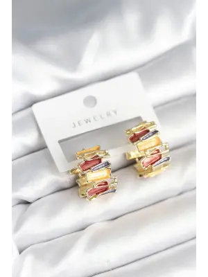 Mineli Karışık Renkli Gold Pirinç Kadın Küpe