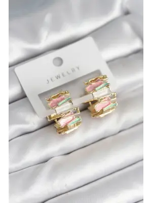 Mineli Karışık Renkli Gold Pirinç Kadın Küpe