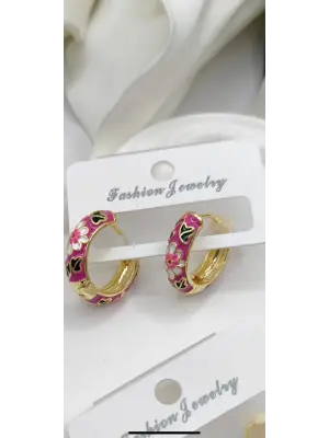 Mineli Pembe Çiçekli Halka Küpe