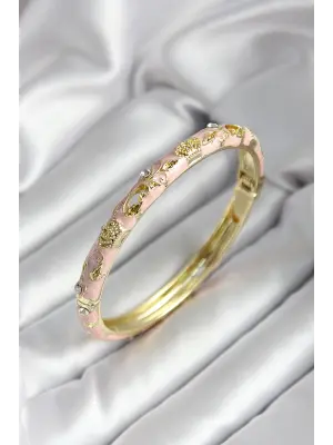 Mineli Pirinç Açık Pembe Kraliçe Taç Desenli Zirkon Taşlı Gold Renk Kadın Kelepçe