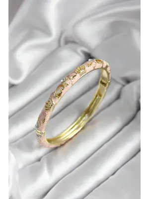 Mineli Pirinç Açık Pembe Kraliçe Taç Desenli Zirkon Taşlı Gold Renk Kadın Kelepçe