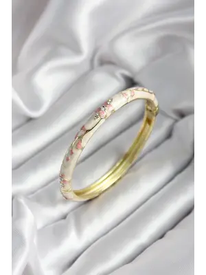 Mineli Pirinç Bej Çiçek Desenli Zirkon Taşlı Gold Renk Kadın Kelepçe (çap 60 mm)