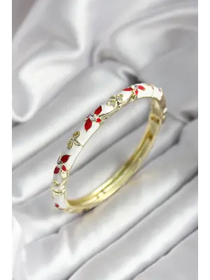 Mineli Pirinç Beyaz Çiçek Desenli Gold Renk Kadın Kelepçe