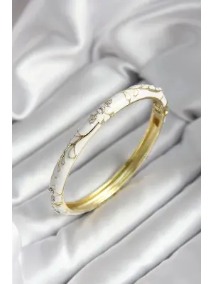 Mineli Pirinç Beyaz Çiçek Desenli Zirkon Taşlı Gold Renk Kadın Kelepçe