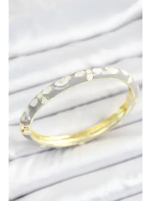 Mineli Pirinç Beyaz Gri Çiçek Desenli Gold Renk Kadın Kelepçe