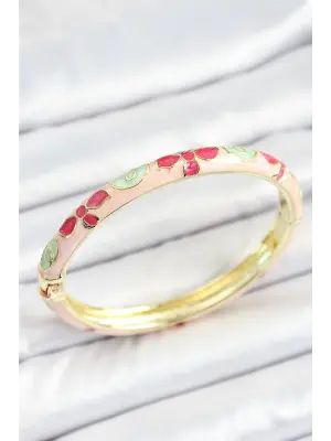 Mineli Pirinç Beyaz Pembe Yeşil Çiçek Desenli Gold Renk Kadın Kelepçe