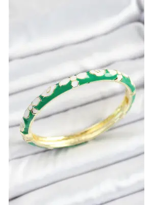 Mineli Pirinç Beyaz Yeşil Çiçek Desenli Gold Renk Kadın Kelepçe