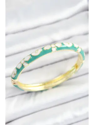 Mineli Pirinç Beyaz Yeşil Çiçek Desenli Gold Renk Kadın Kelepçe