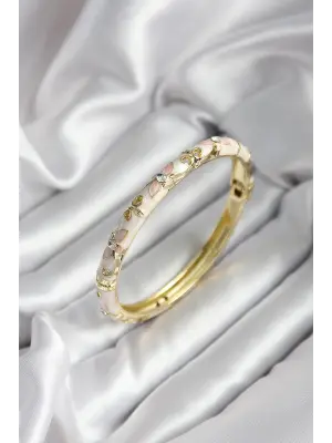 Mineli Pirinç Çiçek Desenli Zirkon Taşlı Gold Renk Kadın Kelepçe (çap 60 mm)